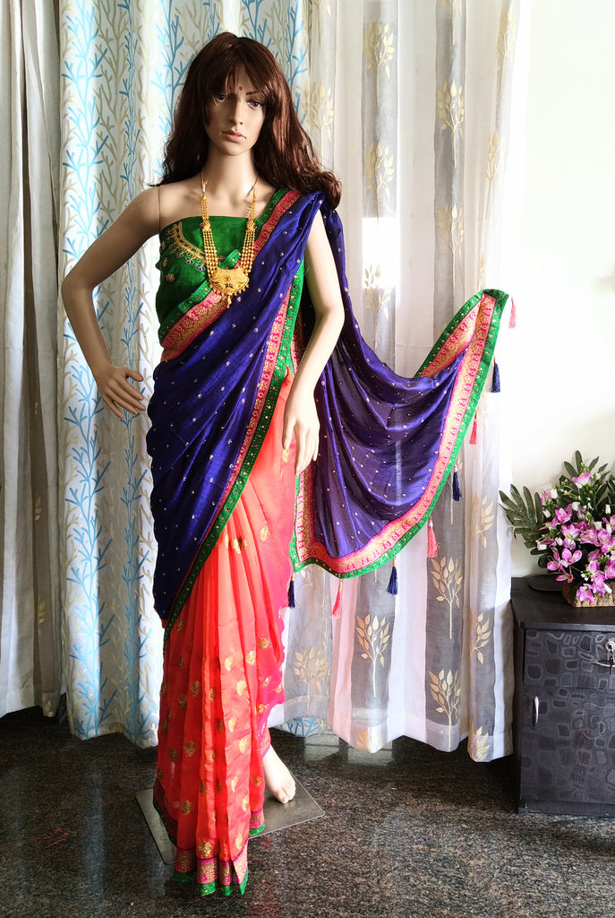 S01_Designer Silk Sarees Dual tone color with attached blouse piece &  borders along with tassel .