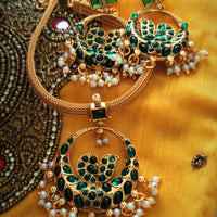 N05006_ Grand classic matte gold polished temple jewelry choker style crafted gold plated necklace set embellished with stones .