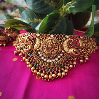 N03067_ Grand classic matte gold polished temple jewelry choker style crafted design gold plated necklace set embellished with ruby and green stones .