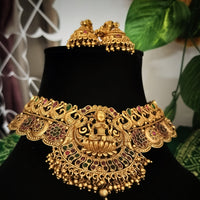 N05004_ Grand classic matte gold polished temple jewelry choker style crafted gold plated necklace set embellished with stones .