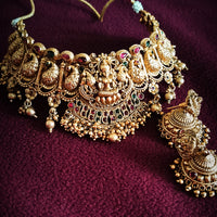 N05003_ Grand classic matte gold polished temple jewelry choker style crafted gold plated necklace set embellished with stones .