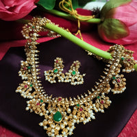 N05007_ Grand classic matte gold polished temple jewelry bridal choker+ long necklace +earrings style crafted gold plated necklace set embellished with stones .