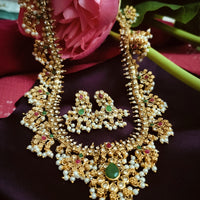 N05007_ Grand classic matte gold polished temple jewelry bridal choker+ long necklace +earrings style crafted gold plated necklace set embellished with stones .