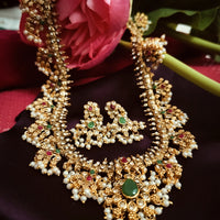 N05007_ Grand classic matte gold polished temple jewelry bridal choker+ long necklace +earrings style crafted gold plated necklace set embellished with stones .