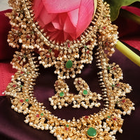 N05007_ Grand classic matte gold polished temple jewelry bridal choker+ long necklace +earrings style crafted gold plated necklace set embellished with stones .