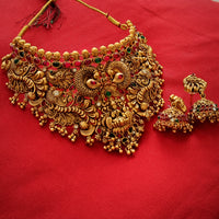 N03043_ Grand classic matte gold polished temple jewelry choker style crafted design gold plated necklace set embellished with ruby and green stones .