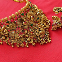 N03043_ Grand classic matte gold polished temple jewelry choker style crafted design gold plated necklace set embellished with ruby and green stones .