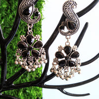 E0397_Gorgeous  peacock design danglers studded with a touch of black stones & bead drops (long hangings).