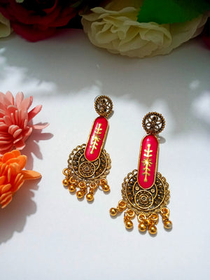 E0452_Glossy German silver oxidized earrings with floral patter with a touch of golden bead drops (ear drop hanging)