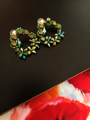 E0460_Trendy Statement studs with a touch of shiny green stones and beads.