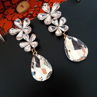 E0461_Gorgeous flowery pattern earrings with a tear drop hanging studded with bright stones (medium size hanging)