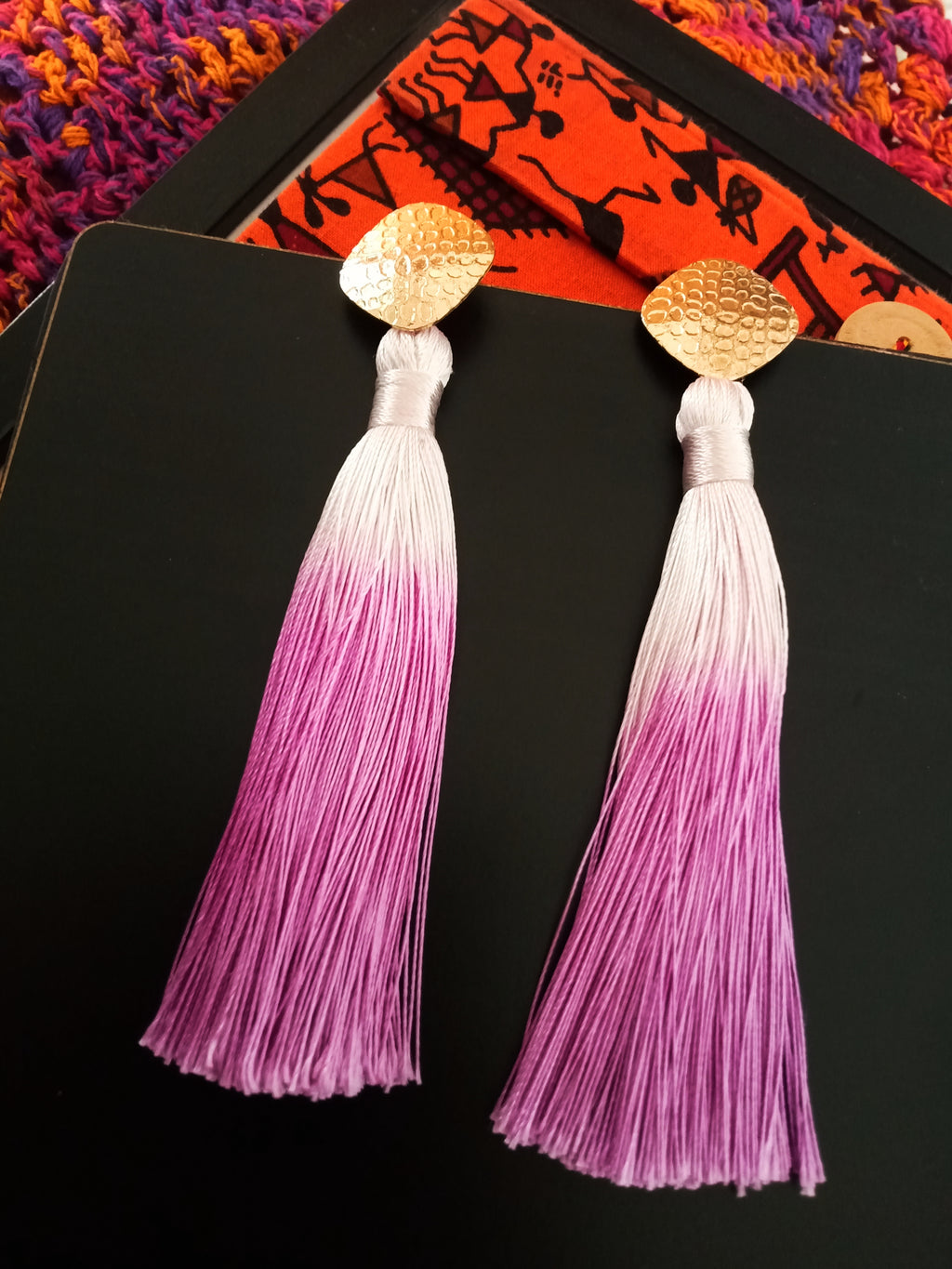 E0464_Trendy dual shade shiny tassel earring(long hanging)