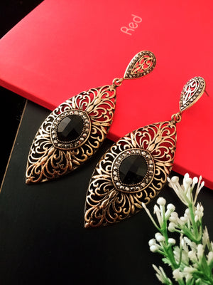 E0483_Classy German Silver oxidized danglers with delicate craft work with a touch of black stone(medium size hangings)