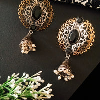E0486_Gorgeous German silver oxidized earring studded with shiny black stones with a jumka drop along with pearl drops(medium size hanging)