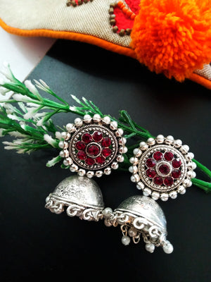 E0495_Gorgeous German silver oxidized jumkas studded with bright red stones with a touch of pearl drops (long hanging)