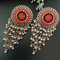 E0496_Gorgeous German silver oxidized crafted earrings studded with a touch of stones and beads with layered bead drops (long hanging)