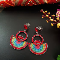 E0500_ Classy crafted earrings with beautiful art work pattern and with a touch of bright red stones and beads(medium size hanging)