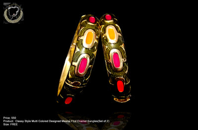 B011_Classy Style Multi Colored Designed Meena Pital Enamel Bangles with base color Golden & Heena (Free Size)