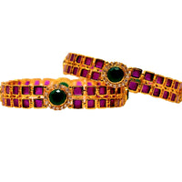 B028_Stunning 1 gm Gold plated bangles studded with green and pink stones along with American Diamond stones.