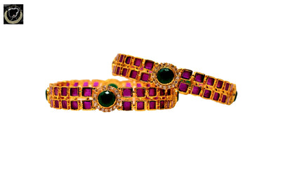 B028_Stunning 1 gm Gold plated bangles studded with green and pink stones along with American Diamond stones.