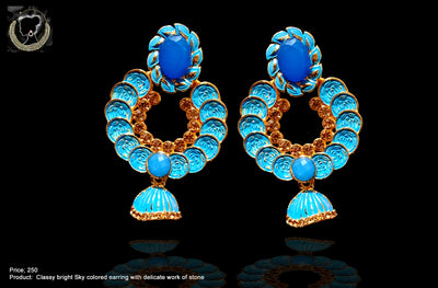 E0104_Classy bright sky blue colored earring with delicate work of stone