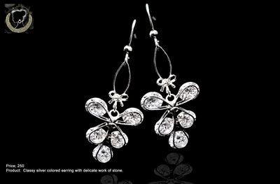 E0106_Classy bright silver colored earring with delicate work of stone