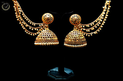 E0123_Gorgeous premium gold plated large jumkas with set of  ear chains with a touch of pearls.