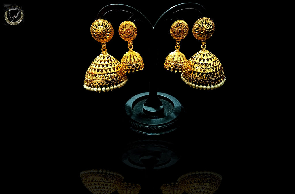 E0124_Gorgeous premium gold plated large & small jumkas with set of  ear chains with a touch of pearls.