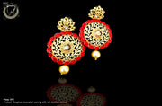 E013_Glossy red colored high quality stone studded earring with delicate work of pearl and  Meenakari work.