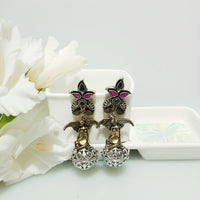 E0213_Premium Oxidized earring Studded with  Pink & white American Diamond.