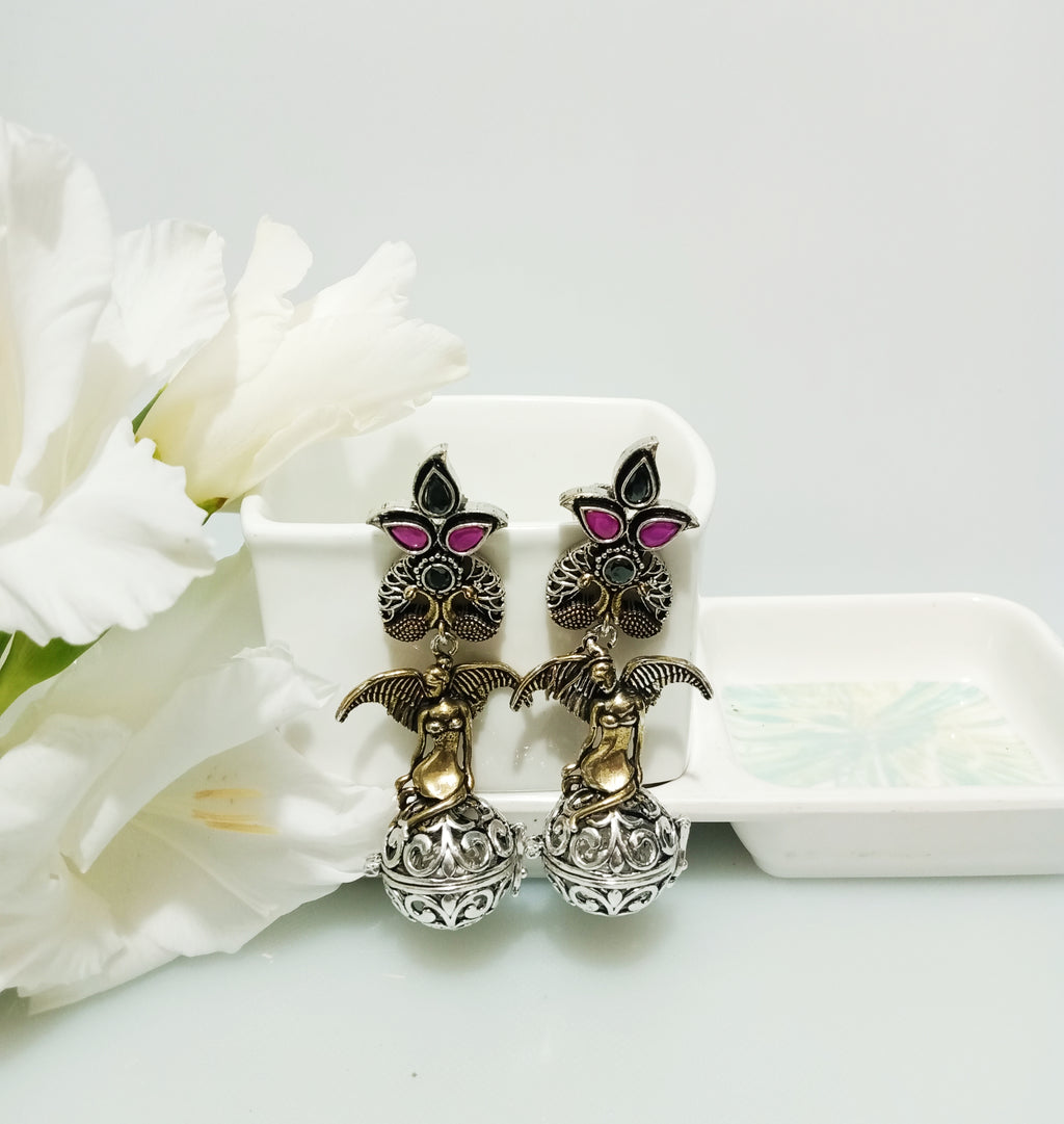 E0213_Premium Oxidized earring Studded with  Pink & white American Diamond.