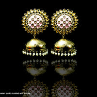 E0872_Classy light weight large in size earring with delicate work of pearl & high quality American diamond studded & Meenakari work.