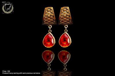 E036_Classy golden colored beautifully crafted earring with delicate work of red stone