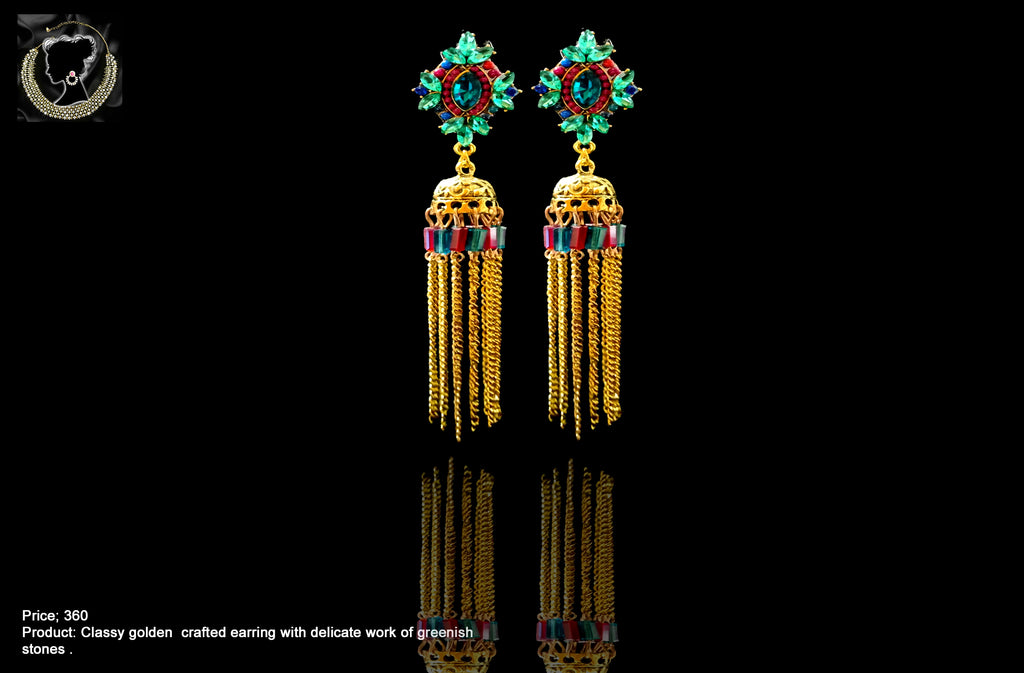 E064_Classy golden crafted earring with delicate work of beautiful stones