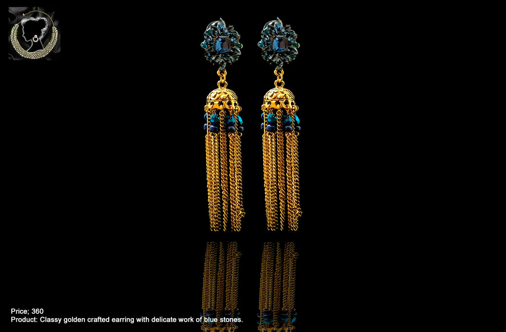 E065_Classy golden crafted earring with delicate work of beautiful blue stones.