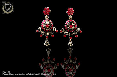 E069_Classy silver oxidized crafted earring with delicate work of pink ruby stones