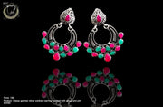 E077_Classy silver oxidized crafted earring with delicate work of pink & green stones