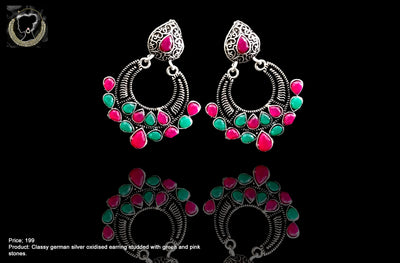 E077_Classy silver oxidized crafted earring with delicate work of pink & green stones