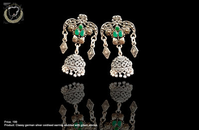 E078_Classy silver oxidized crafted earring with delicate work of green stones