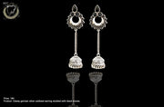 E079_Classy silver oxidized crafted one layer jumki earring with delicate work of black stones