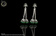 E080_Classy silver oxidized crafted two long layer jumki earrings with delicate work of green beads.