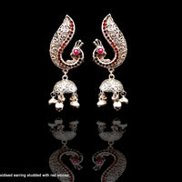 E082_Classy german silver oxidized crafted jumki& peacock design earring with delicate work of pink & red stones.