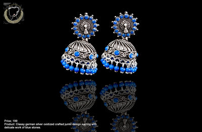 E083_Classy german silver oxidized crafted jumki design earring with delicate work of blue stones.