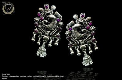 E086_Classy silver oxidized crafted jumki earring with delicate work of violet stones