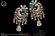 E087_Classy silver oxidized crafted jumki earring with delicate work of red & green stones