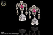 E088_Classy silver oxidized crafted jumki earring with delicate work of pink stones