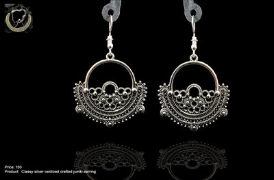 E089_Classy silver oxidized crafted jumki earring with delicate work