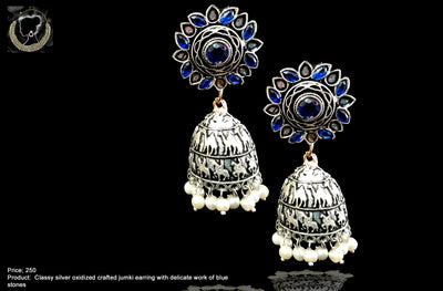 E090_Classy silver oxidized crafted jumki earring with delicate work of blue stones