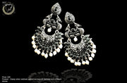 E093_Classy silver oxidized crafted earring with delicate work of black stones & pearls