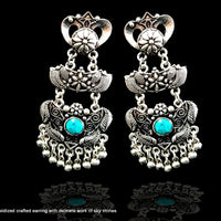 E094_Classy silver oxidized crafted earring with delicate work of sky stones